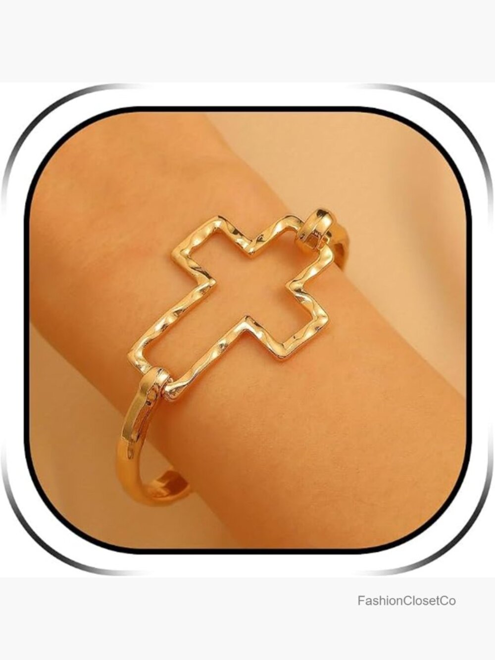 Gold Plated Hammered Cross Cuff Bracelet Open Bangle Religious Jewelry